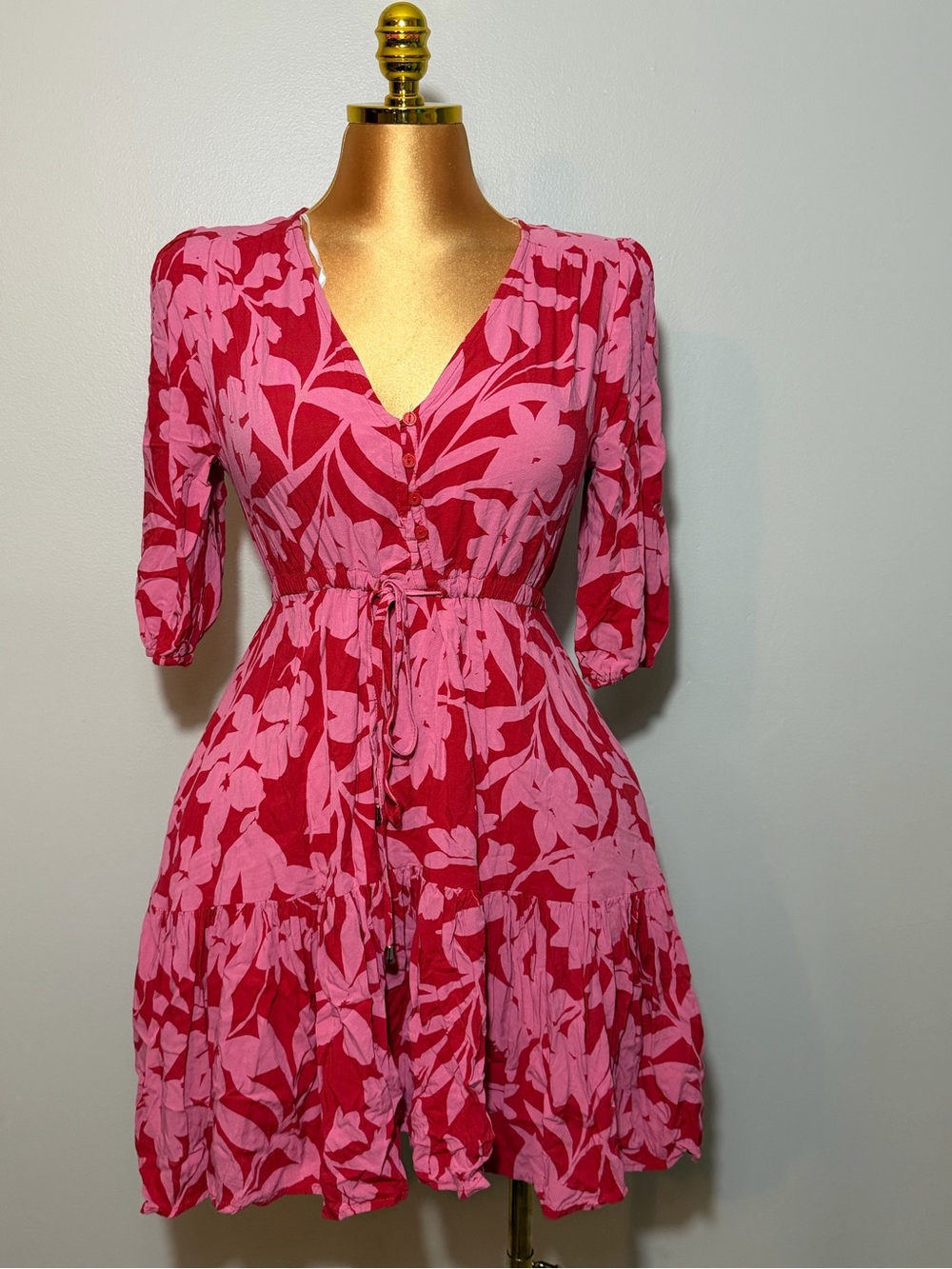 Petal & Pup Pink and Red Floral V-Neck Tie-Waist Mini Dress